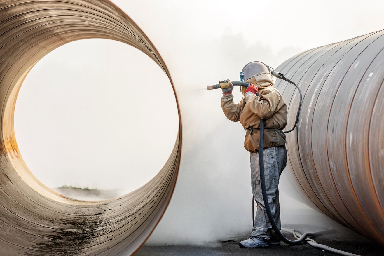 View of the manual sandblasting or abrasive blasting in the construction site. The difference between sandblasting and grit blasting, as shot blasting is often called, is straightforward.